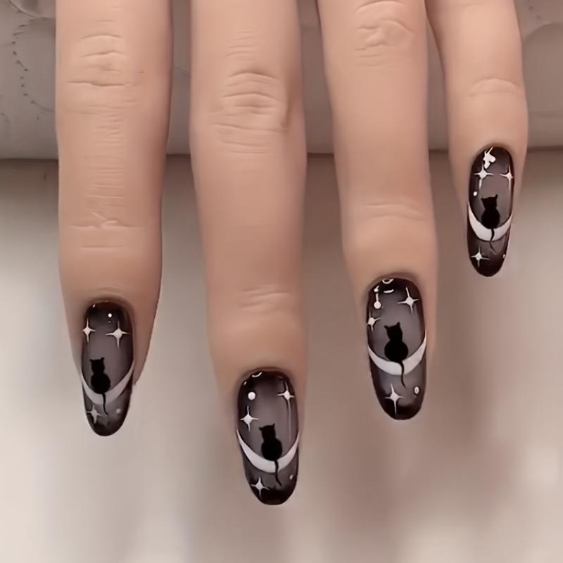 Gradient French Tip Press On Nails with Cat Star Moon