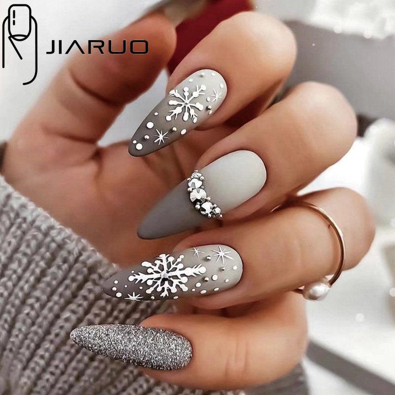 24pcs Christmas Snowflake Diamond Glitter Press On False Nails
