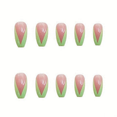 Fluorescent Green Tip Coffin False Nails Press On Glossy Acrylic Pink