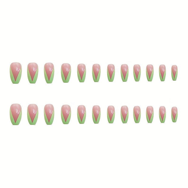Fluorescent Green Tip Coffin False Nails Press On Glossy Acrylic Pink