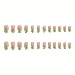 Fluorescent Green Tip Coffin False Nails Press On Glossy Acrylic Pink