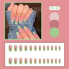 Fluorescent Green Tip Coffin False Nails Press On Glossy Acrylic Pink