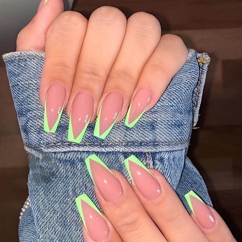 Fluorescent Green Tip Coffin False Nails Press On Glossy Acrylic Pink