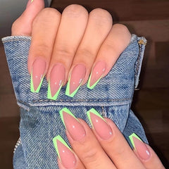 Fluorescent Green Tip Coffin False Nails Press On Glossy Acrylic Pink