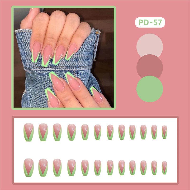 Fluorescent Green Tip Coffin False Nails Press On Glossy Acrylic Pink