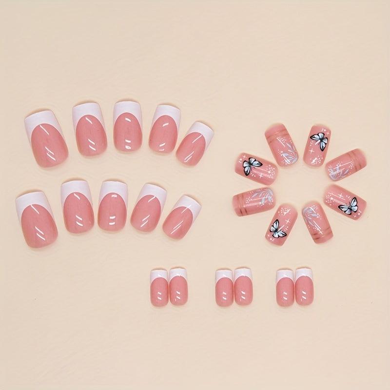 24pcs Glossy French Tip Press On Nails with Butterfly and Golden Line Full Cover