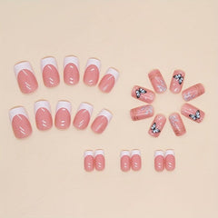24pcs Glossy French Tip Press On Nails with Butterfly and Golden Line Full Cover
