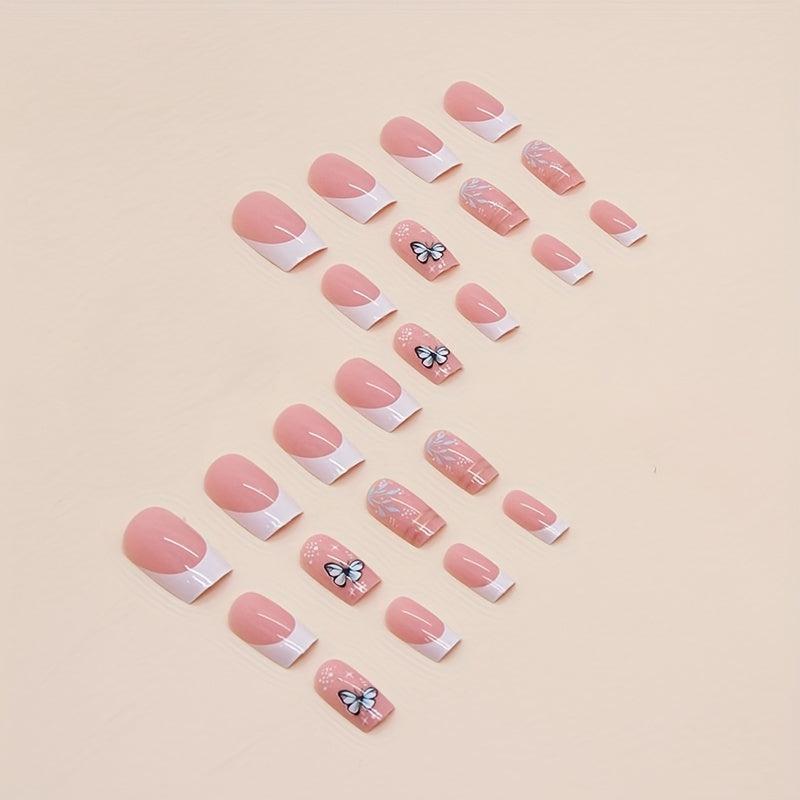24pcs Glossy French Tip Press On Nails with Butterfly and Golden Line Full Cover