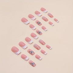 24pcs Glossy French Tip Press On Nails with Butterfly and Golden Line Full Cover