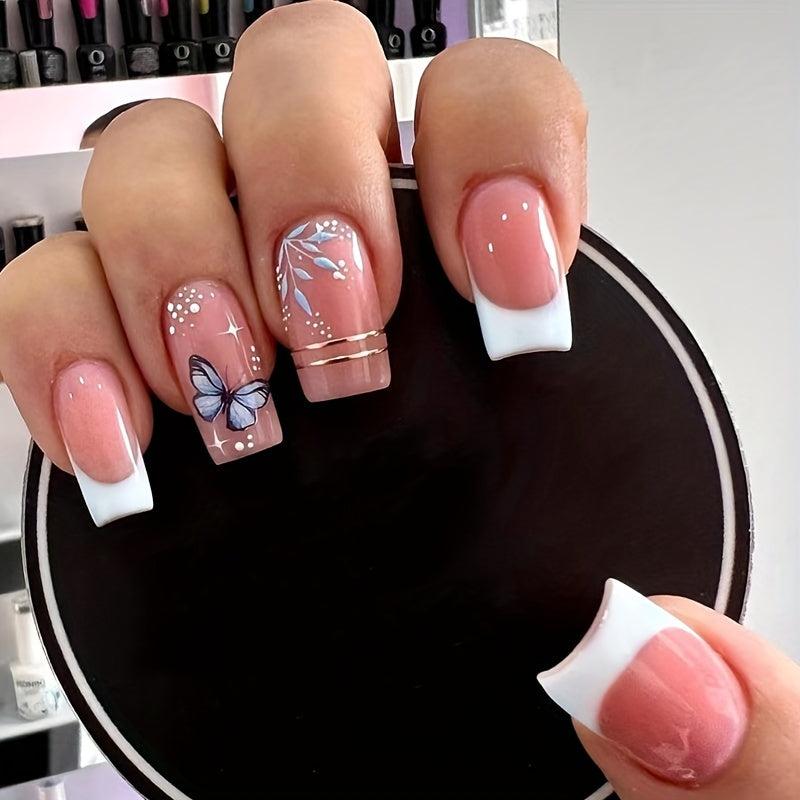 24pcs Glossy French Tip Press On Nails with Butterfly and Golden Line Full Cover