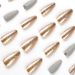 24pcs Matte Grey Glitter Press On Nails with Rhinestone Designs