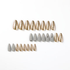 24pcs Matte Grey Glitter Press On Nails with Rhinestone Designs