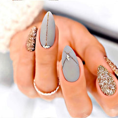 24pcs Matte Grey Glitter Press On Nails with Rhinestone Designs