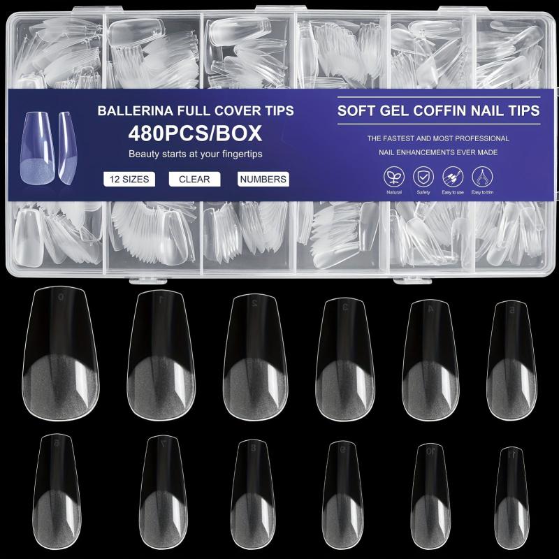 480Pcs Ballet Short Coffin Nail Tips Clear w/ Storage Box