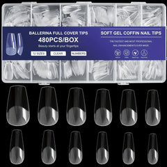 480Pcs Ballet Short Coffin Nail Tips Clear w/ Storage Box