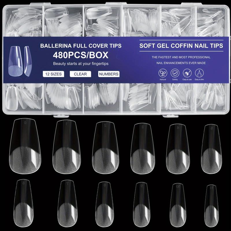 480Pcs Ballet Short Coffin Nail Tips Clear w/ Storage Box