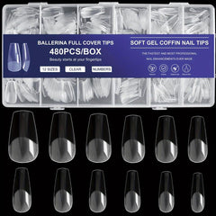 480Pcs Ballet Short Coffin Nail Tips Clear w/ Storage Box