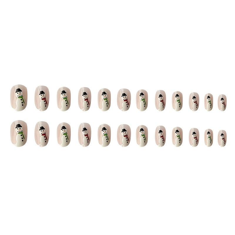 Snowman False Nails Short Nude Pink Glossy Set