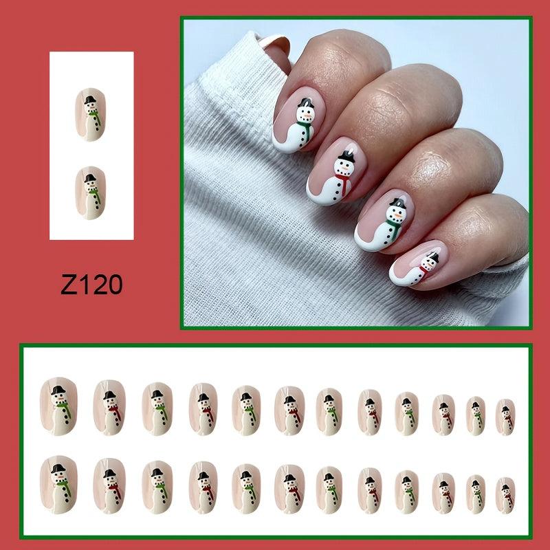 Snowman False Nails Short Nude Pink Glossy Set