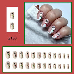 Snowman False Nails Short Nude Pink Glossy Set