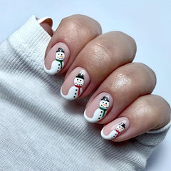 Snowman False Nails Short Nude Pink Glossy Set