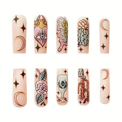 Matte Nude Press On Nails with Butterfly Eye & Cactus Rose Flower - 24pcs