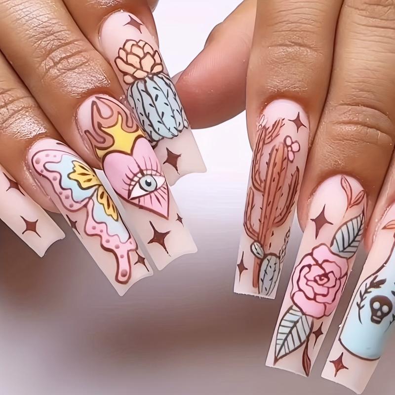 Matte Nude Press On Nails with Butterfly Eye & Cactus Rose Flower - 24pcs