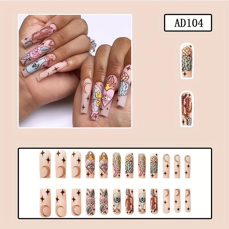 Matte Nude Press On Nails with Butterfly Eye & Cactus Rose Flower - 24pcs