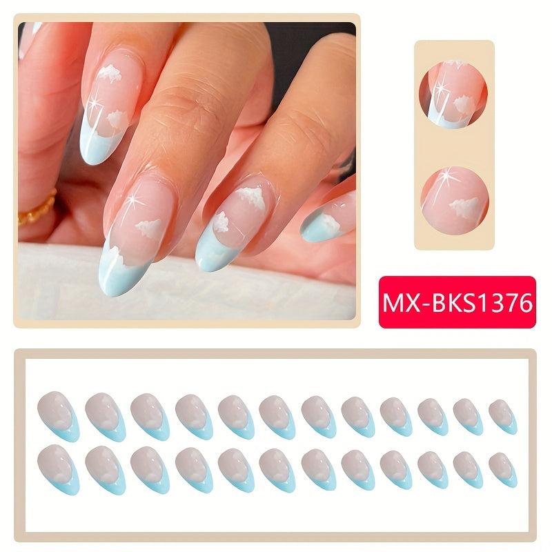 24 pcs Cloud Almond Shape Press On Nails Stick On False Nails for Women