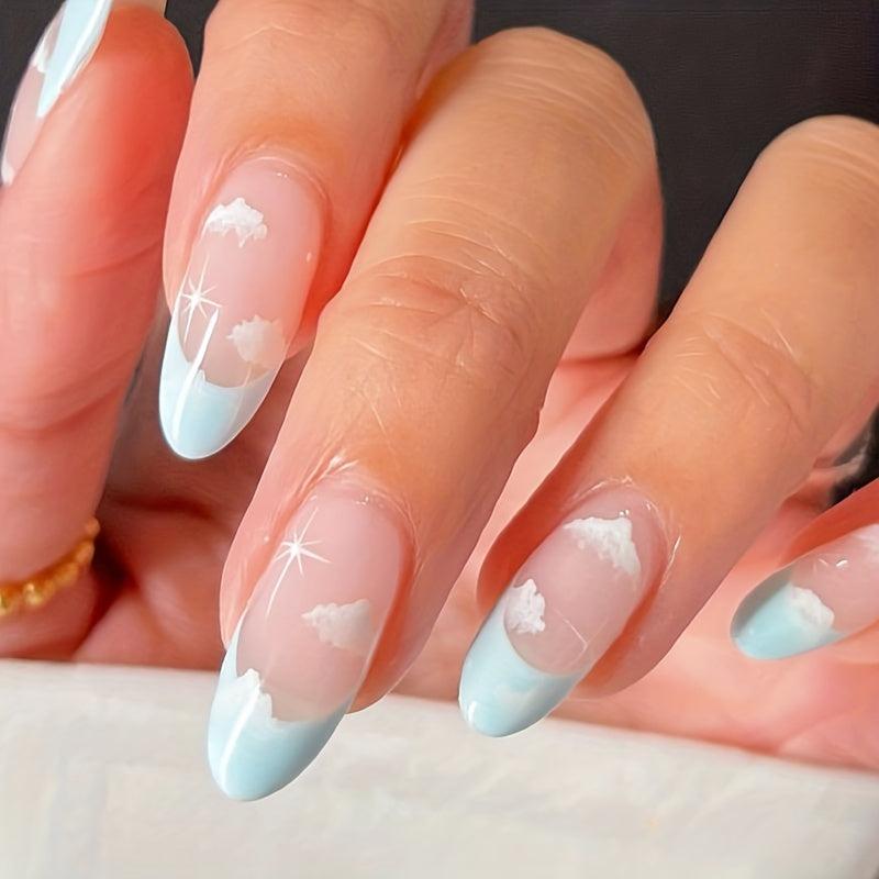 24 pcs Cloud Almond Shape Press On Nails Stick On False Nails for Women
