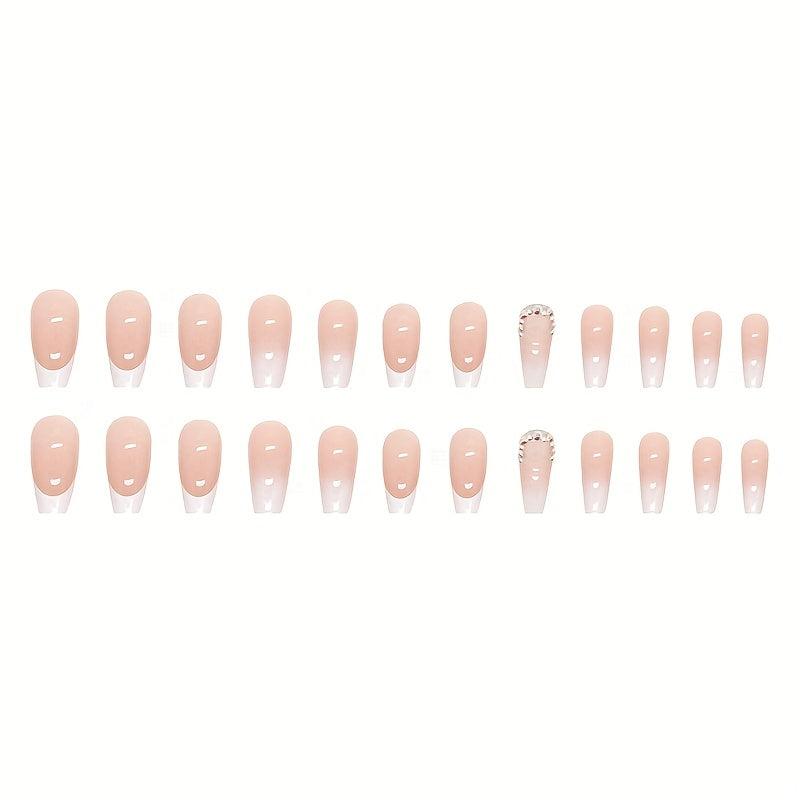 24pcs French Tip Coffin Nails with Rhinestones & Gradient Glue On