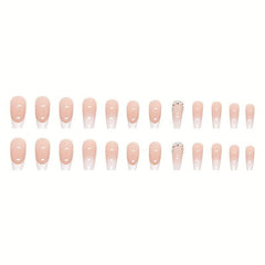 24pcs French Tip Coffin Nails with Rhinestones & Gradient Glue On