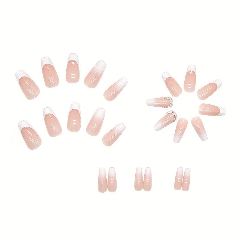 24pcs French Tip Coffin Nails with Rhinestones & Gradient Glue On