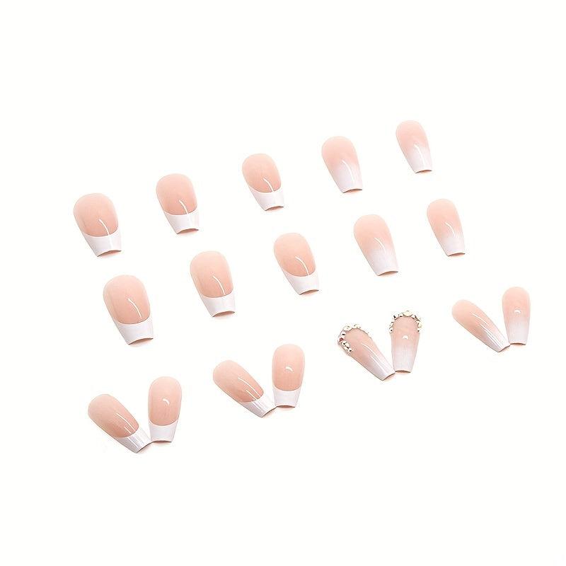 24pcs French Tip Coffin Nails with Rhinestones & Gradient Glue On