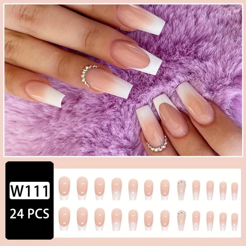 24pcs French Tip Coffin Nails with Rhinestones & Gradient Glue On