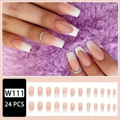 24pcs French Tip Coffin Nails with Rhinestones & Gradient Glue On