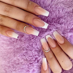 24pcs French Tip Coffin Nails with Rhinestones & Gradient Glue On