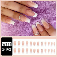 24pcs French Tip Coffin Nails with Rhinestones & Gradient Glue On