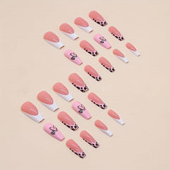 24pcs Cow Print False Nails with Heart Glossy Square Full Cover for Women