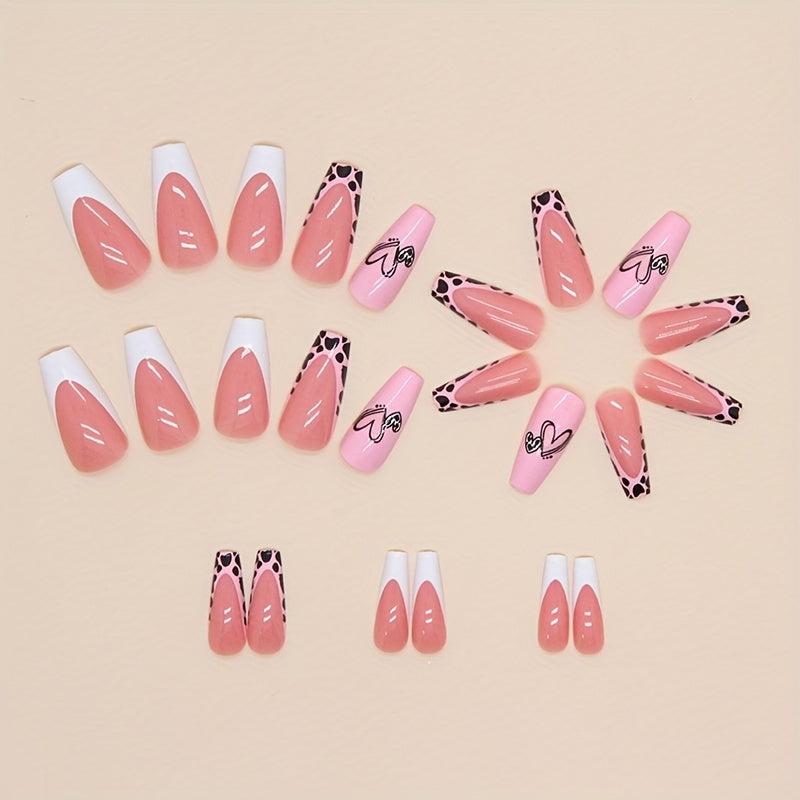 24pcs Cow Print False Nails with Heart Glossy Square Full Cover for Women