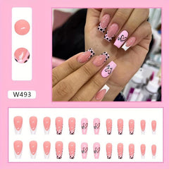 24pcs Cow Print False Nails with Heart Glossy Square Full Cover for Women