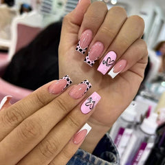 24pcs Cow Print False Nails with Heart Glossy Square Full Cover for Women