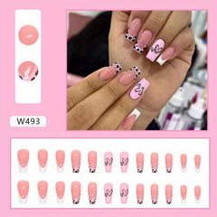 24pcs Cow Print False Nails with Heart Glossy Square Full Cover for Women