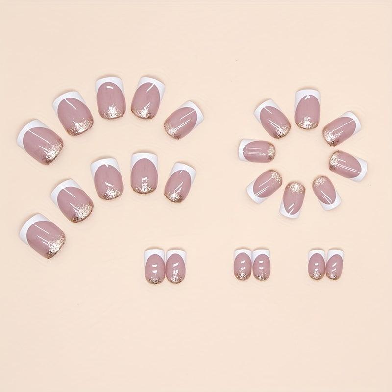 24pcs Golden Glitter French Tip Press On Nails Short Square False Nails