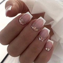 24pcs Golden Glitter French Tip Press On Nails Short Square False Nails
