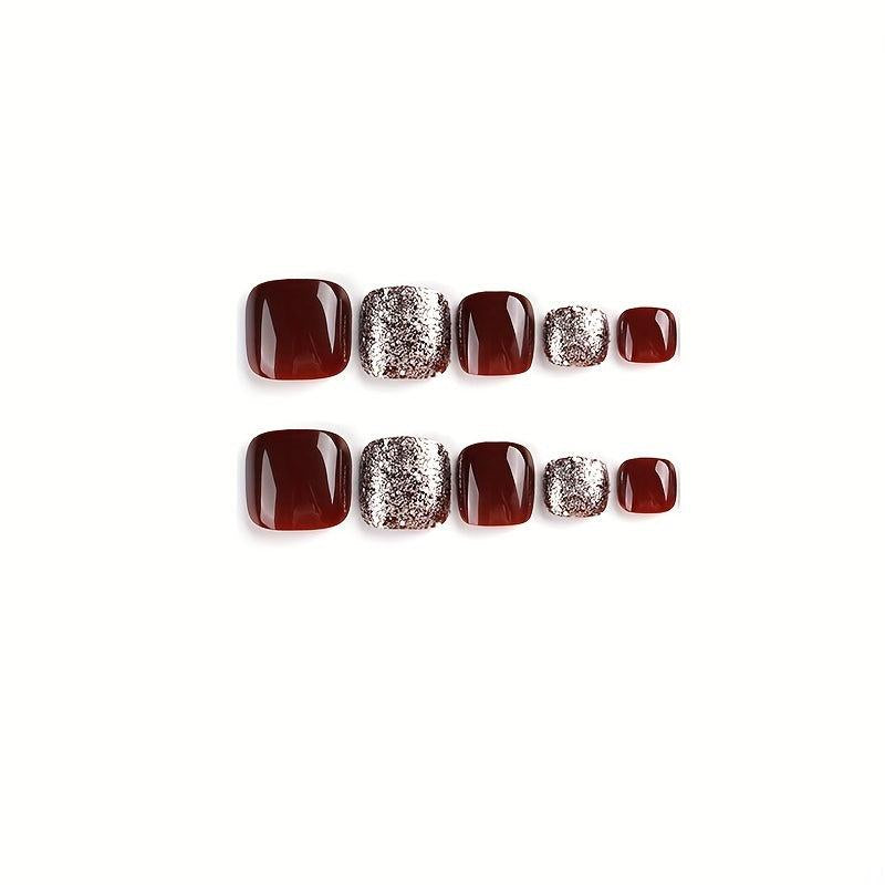 24pcs Red Square Glitter False Toe Nails for Women Girls