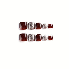 24pcs Red Square Glitter False Toe Nails for Women Girls