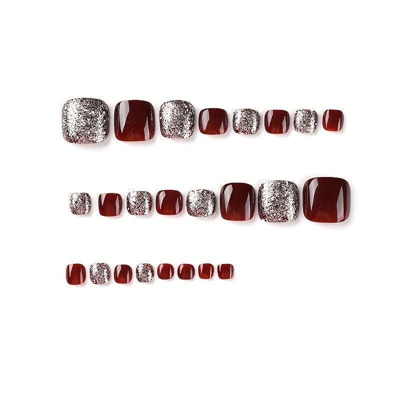 24pcs Red Square Glitter False Toe Nails for Women Girls