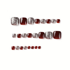 24pcs Red Square Glitter False Toe Nails for Women Girls