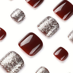 24pcs Red Square Glitter False Toe Nails for Women Girls